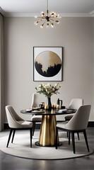  Dining room in light ivory colors. Beige and taupe with black details. Golden accent table. Minimalistic room with texture plaster microcement walls. Menu template or mockup invitation. 3d rendering 