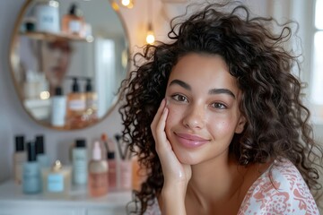 Influencer sharing skincare secrets, promoting glowing skin close up, focus on, whimsical, Multilayer, vanity table