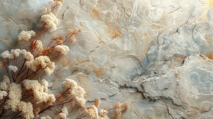   A close-up of several flowers on paper, against a backdrop painting of flowers