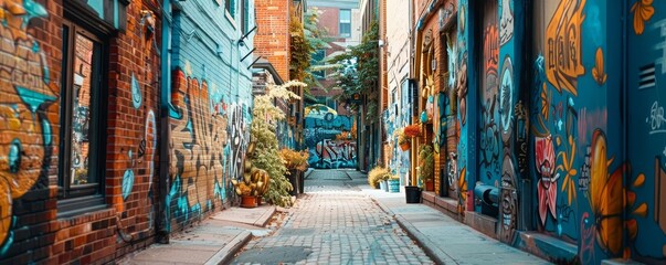Naklejka premium Content creator exploring street art, capturing creativity focus on, theme, whimsical, Manipulation, urban alleyway
