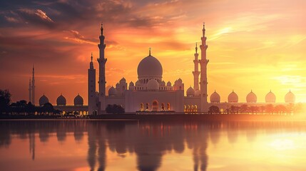 Majestic mosque at sunset reflection - Powered by Adobe