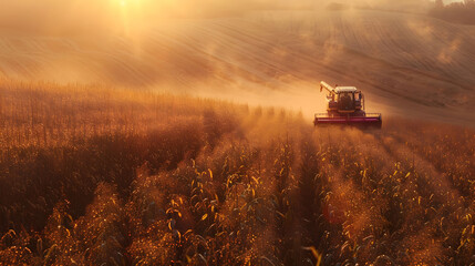 Fototapeta premium A combine truck moves through a field of corn, harvesting the crops. The truck is surrounded by tall green stalks and a clear blue sky above