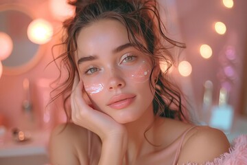 Influencer sharing skincare secrets, promoting glowing skin close up, focus on, whimsical, Multilayer, vanity table