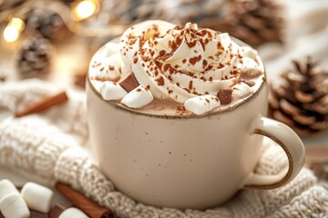 Hot chocolate with whipped cream and marshmallows close up, focus on comfort, whimsical, Overlay, winter backdrop