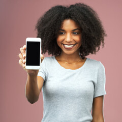 Smartphone, screen and woman with smile in studio for marketing, notification and information....