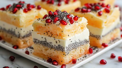   Four pomegranate-covered cakes on a white plate, sprinkled with black seeds - Powered by Adobe