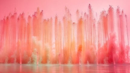   Water gushes from a pond beside a forest with pink and yellow trees