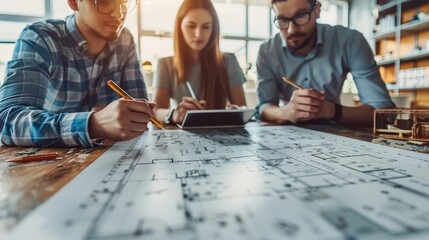 Architects collaborating on a blueprint, working together on a construction design project in a modern office environment.
