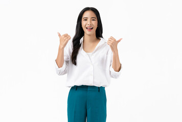 Smiling Asian woman enthusiastically with gives a thumbs up, signaling approval or like on a white background,
