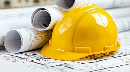 Construction blueprint and hard hat at the core of building, symbolizing safety and planning