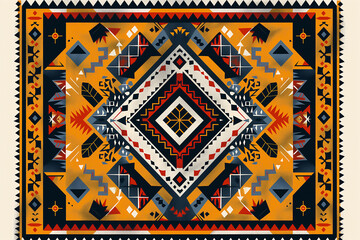 print design in the style of ethnic carpet patterns, Aztec art and African textile designs