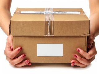 Hand holding shipping box with label, isolated on white background,
