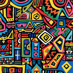 A vibrant, colorful tribal pattern with geometric shapes and intricate patterns in the style of African art. The design includes bold colors like reds, blues, yellows and greens