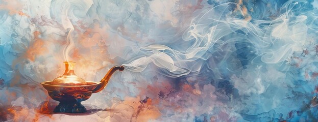 Magical oil lamp in a panoramic setting, emitting soothing light, white smoke swirling dreamily, genie appearing with a serene expression, watercolor style, soft pastel hues