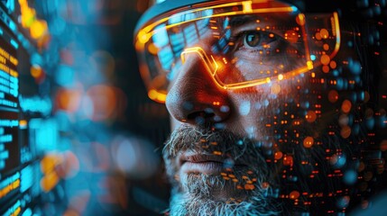 Close-up of a man wearing futuristic augmented reality glasses, immersed in a digital interface with data analytics and virtual elements.