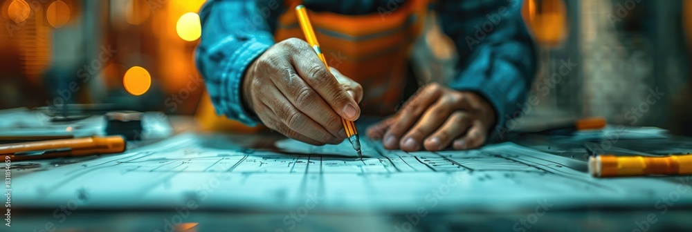 Poster close-up of an architect's hands creating detailed blueprints with precise measurements at a well-li