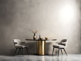  Dining room in light ivory colors. Beige and taupe with black details. Golden accent table....