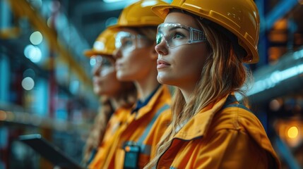 Obraz premium Group of focused female engineers in protective gear working at an industrial facility. Teamwork and safety in engineering and manufacturing.