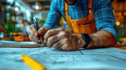 Obraz premium Close-up of tattooed man sketching architectural plans at a workshop, highlighting creativity and precision in design.