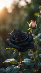 A black rose in a garden. A black rose with soft sunrise light. A beautiful black rose with drew drops. Flower photography. Rose photography. Black rose wallpaper. 