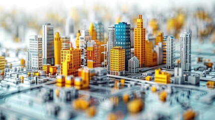 Colorful miniature cityscape with high-rise buildings in vibrant yellow and blue, showcasing an abstract and artistic urban landscape.