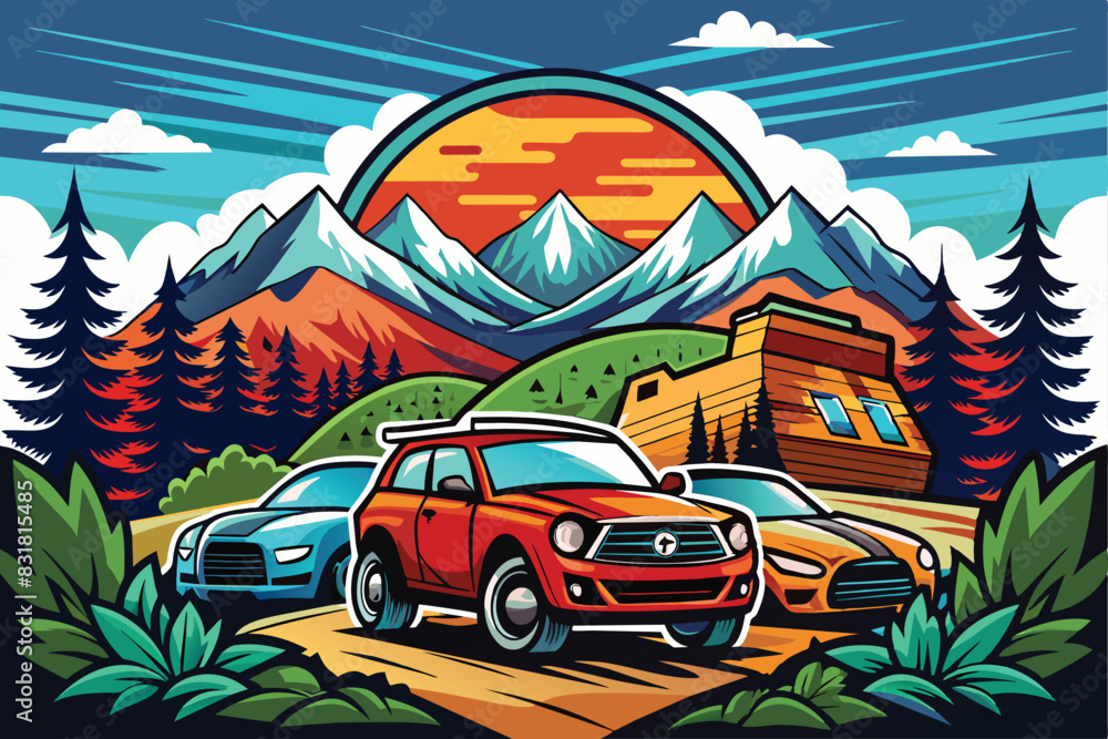 Wall mural Mountain and car adventure vector graphic print design for clothing, stickers, posters, backgrounds and etc. Outdoor t-shirt artwork design.