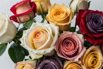Bouquet of roses on the table. A bouquet of different coloured roses with a white plain background, soft drew on roses