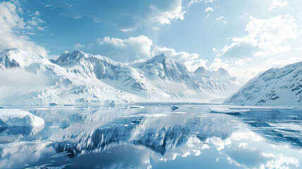 Obraz premium Realistic Arctic landscape with snow-capped mountains, AI generative
