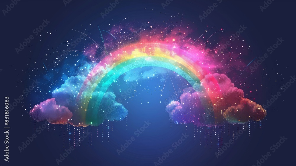 Poster a vibrant rainbow with clouds made of decentralized ledger technology symbolizing the decentralized 