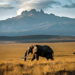 ここはアフリカ、ケニア山のふもと、象がいる風景