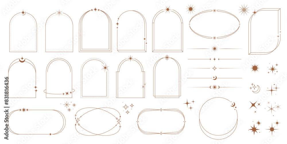 Poster celestial frame, arch and border, y2k vector bohemian style arcs, shapes, dividers with stars, moons