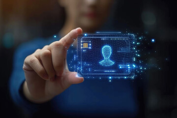 A woman's hand holds a futuristic digital ID card with a holographic profile picture.
