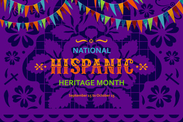 Papel picado banner and holiday flags for national Hispanic heritage month festival, vector background. Hispanic heritage and Latin American culture, tradition and art of paper cut flags ornament
