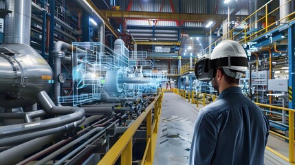Illustration of Using AR and VR for training, maintenance, and design visualization in industrial environments. Ai Generate.