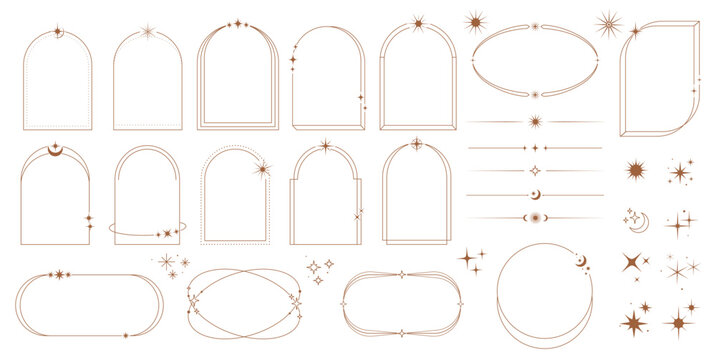 Celestial frame, arch and border, y2k vector bohemian style arcs, shapes, dividers with stars, moons, sparks and twinkles. Golden linear boho frames set in trendy modern minimal linear magical style