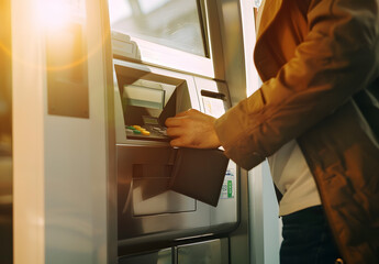 "Man Using ATM Machine for Automatic Savings, Holding Black Wallet