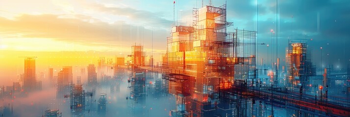 Fototapeta premium Futuristic cityscape at sunrise with modern buildings and sky bridges, showcasing advanced technology and urban development.