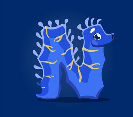 Sea animals in underwater font, letter N as seahorse cartoon character, vector undersea alphabet. Sea animals font or ocean ABC typeface with funny seahorse in letter N for kids tropical undersea type
