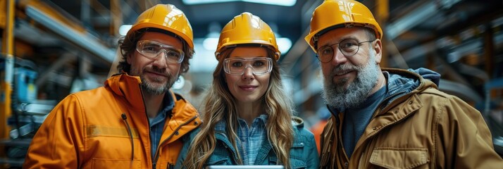 Group of construction workers wearing safety gear and helmets standing in a factory or warehouse environment, smiling and looking at the camera.