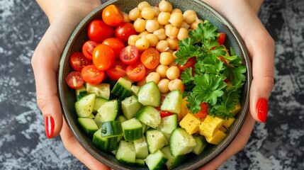 Organic veggie buddha bowl held in hands - nourishing and simple plant-based meal for health