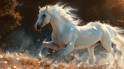 "Realistic digital painting of Buraq, the legendary creature in Islamic mythology, depicted with the body of a white horse, large angelic wings, and a serene human-like face. The background is an