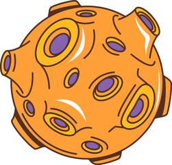 Retro groovy space celestial object. Isolated vector moon or asteroid with circular craters and an orange and purple colors, evokes a 1960s groove, sci-fi vibe. Stylized, retro-inspired alien planet