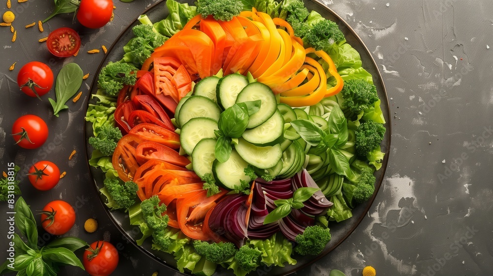 Poster a vibrant salad with precisely shaped ingredients arranged in a colorful pattern.