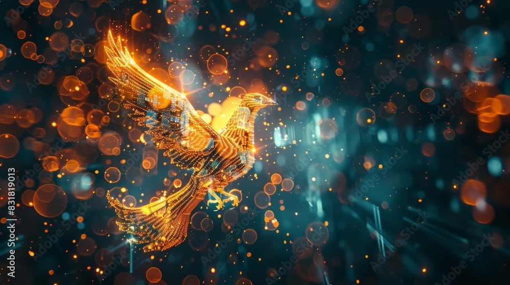 Poster a 3d rendering of a phoenix constructed entirely of digital currency symbols and graphs showcasing t