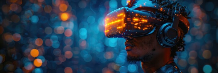 Man using futuristic VR headset immersed in virtual reality. Colorful lights and digital experience. Future technology concept.