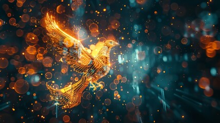 A 3D rendering of a phoenix constructed entirely of digital currency symbols and graphs showcasing the revolutionary potential of digital coins.
