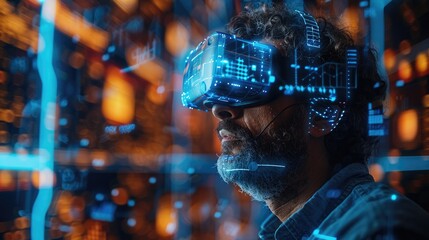 Man wearing futuristic virtual reality headset, exploring a digital metaverse environment filled with glowing holographic elements.