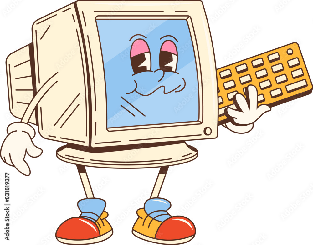 Poster cartoon groovy computer monitor character. vector pc personage in a playful pose with keyboard in ha