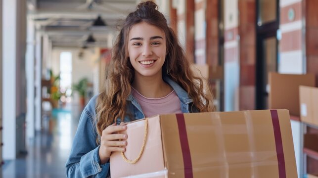 Young female college student moving into campus to start new academic course