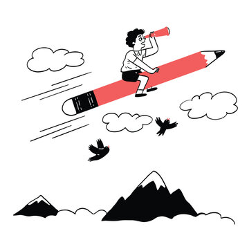 Back to school concept and little boy sitting on pencil is flying in the sky.